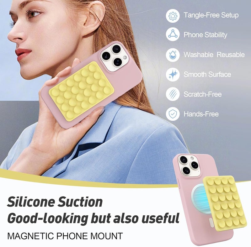 OPOM Magnetic Suction Phone Mount for MagSafe Case,Silicone Sticky Phone Grip Holder for iPhone,Removable Hands-Free Selfie/Video for TikTok & Instagram Influencer/Creator (Yellow) - Image 3
